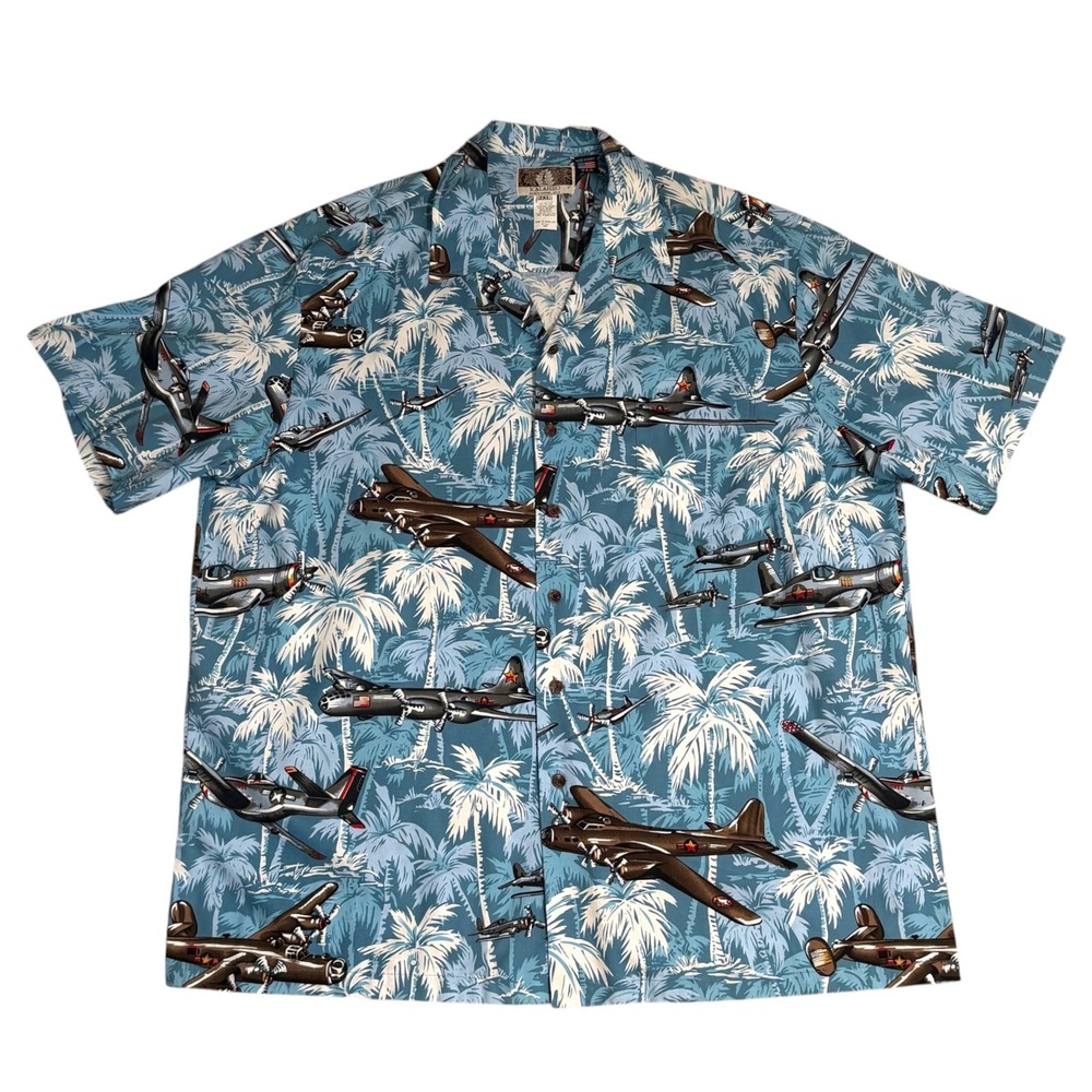 Kalaheo Mens 2XL Hawaii Shirt WWII Warbirds Palm Trees Blue Cotton Rayon NWT